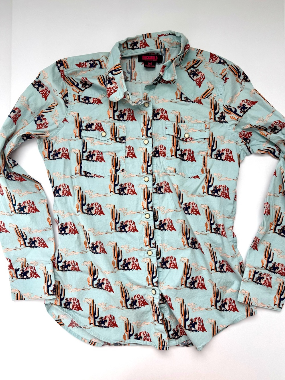 Western Cactus Print Button-Down Shirt - Light Blue